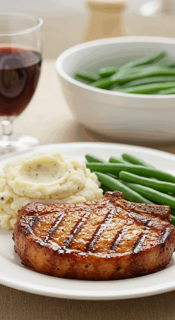 A classic dinner plate with a thick, saucy BBQ pork chop served with mashed potatoes and green beans.