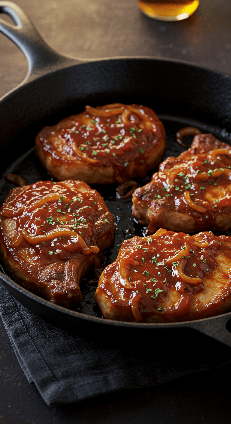 A beautiful, rustic cast-iron skillet of homemade, golden-brown Saucy BBQ Pork Chops smothered in a rich, brown barbecue sauce.