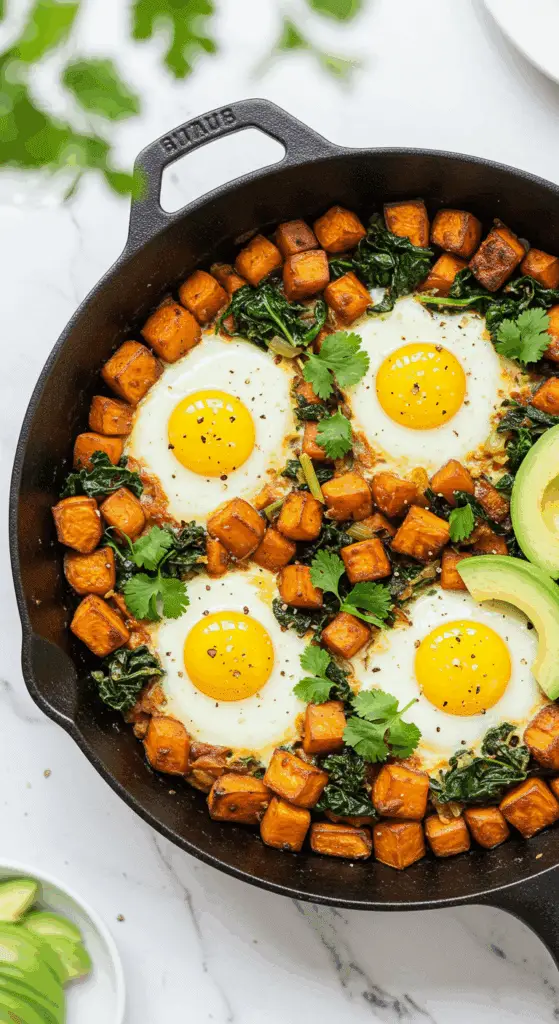 A beautiful, rustic cast-iron skillet of homemade, healthy Sweet Potato Hash, with four perfect, runny-yolked eggs cooked in the hash.