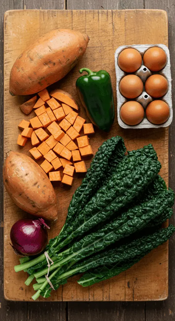 The simple, fresh ingredients for the healthy, from-scratch Sweet Potato Hash with Eggs and Kale recipe.