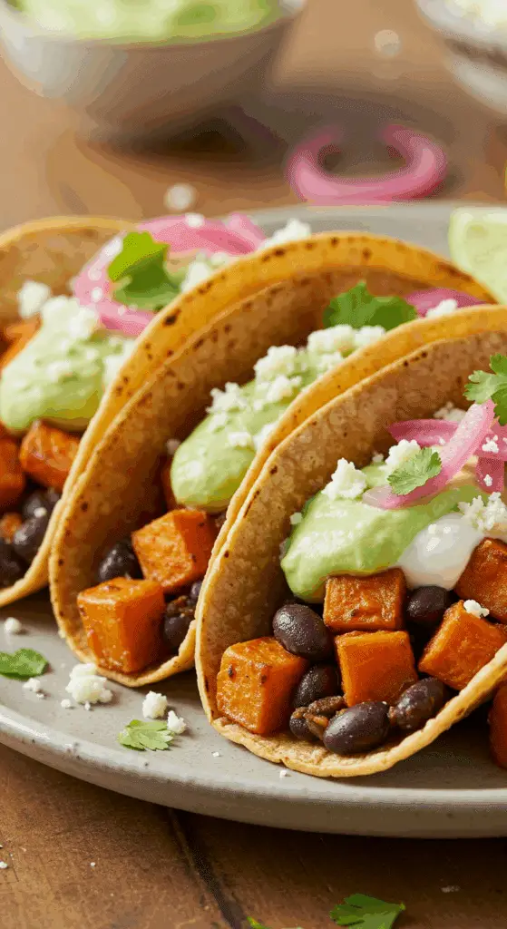 A beautiful, rustic platter of three homemade, healthy, and fresh Sweet Potato Tacos, topped with a creamy avocado sauce and pickled red onions.