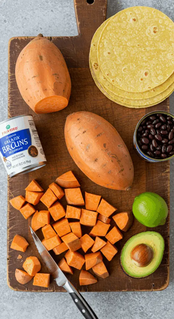The simple, fresh ingredients for the healthy, from-scratch Sweet Potato and Black Bean Tacos with an avocado-yogurt sauce.