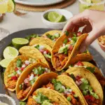 A large platter of homemade, healthy Sweet Potato Tacos being served at a fun and casual dinner party.
