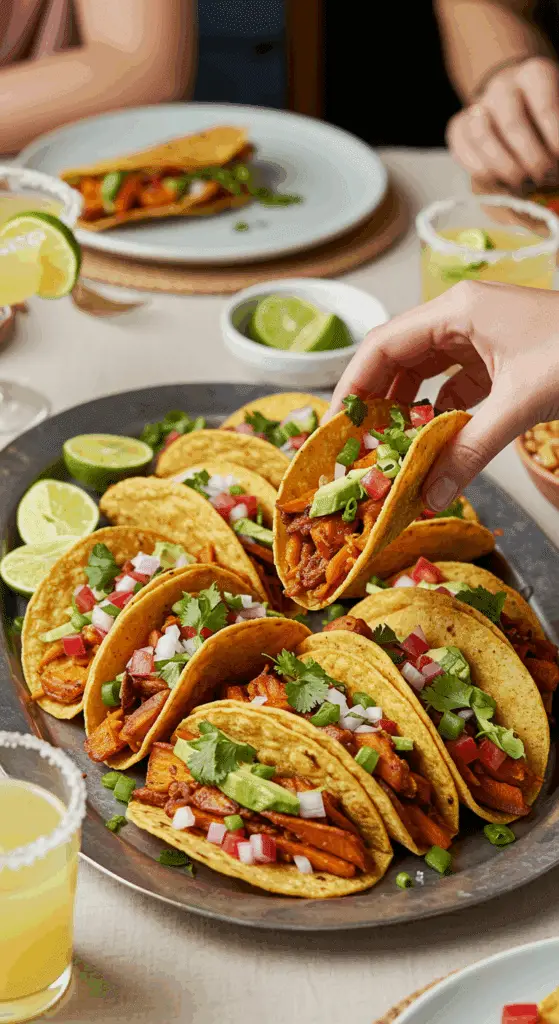 A large platter of homemade, healthy Sweet Potato Tacos being served at a fun and casual dinner party.