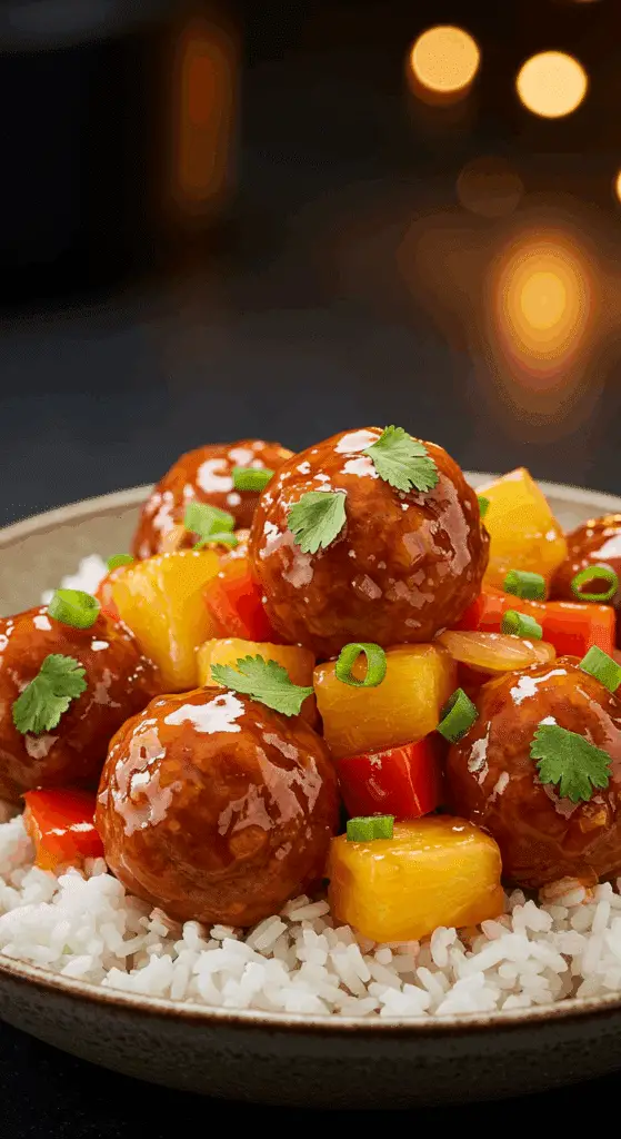 A beautiful, rustic bowl of homemade, easy Sweet and Sour Meatballs, with a glossy, reddish-orange sauce, colorful peppers, pineapple, and served over rice.