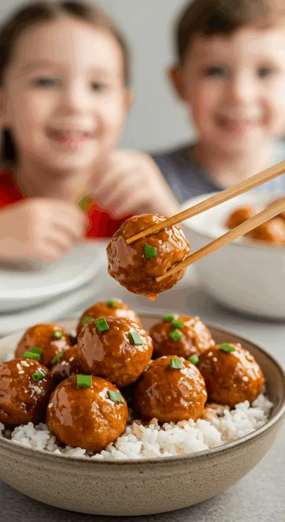 A cozy bowl of homemade, saucy Sweet and Sour Meatballs being served over rice for a casual family dinner.