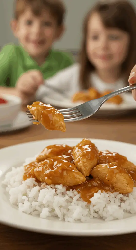 A cozy bowl of homemade, easy Sweet and Spicy Chicken served over a bed of fluffy white rice for a family dinner.