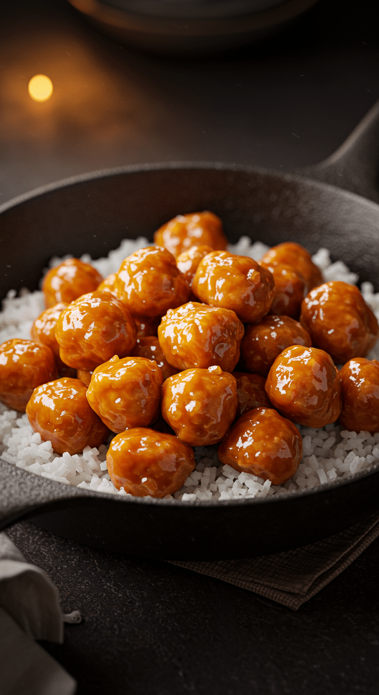 A beautiful, rustic skillet of homemade, easy Sweet and Spicy Chicken, coated in a thick, glossy, orange-red glaze and served over rice.