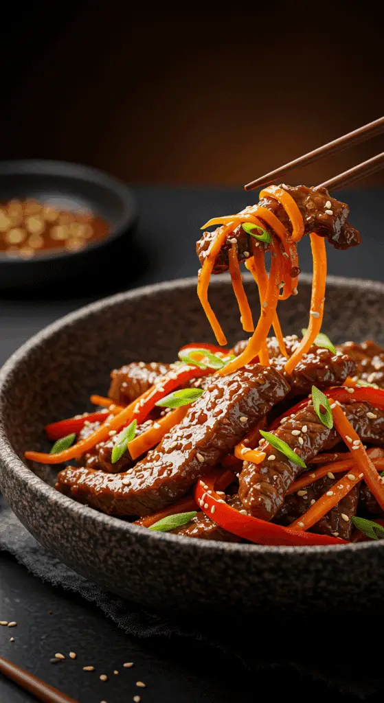 A beautiful, rustic bowl of homemade, authentic Szechuan Beef with tender, thinly sliced beef and a glossy brown sauce.