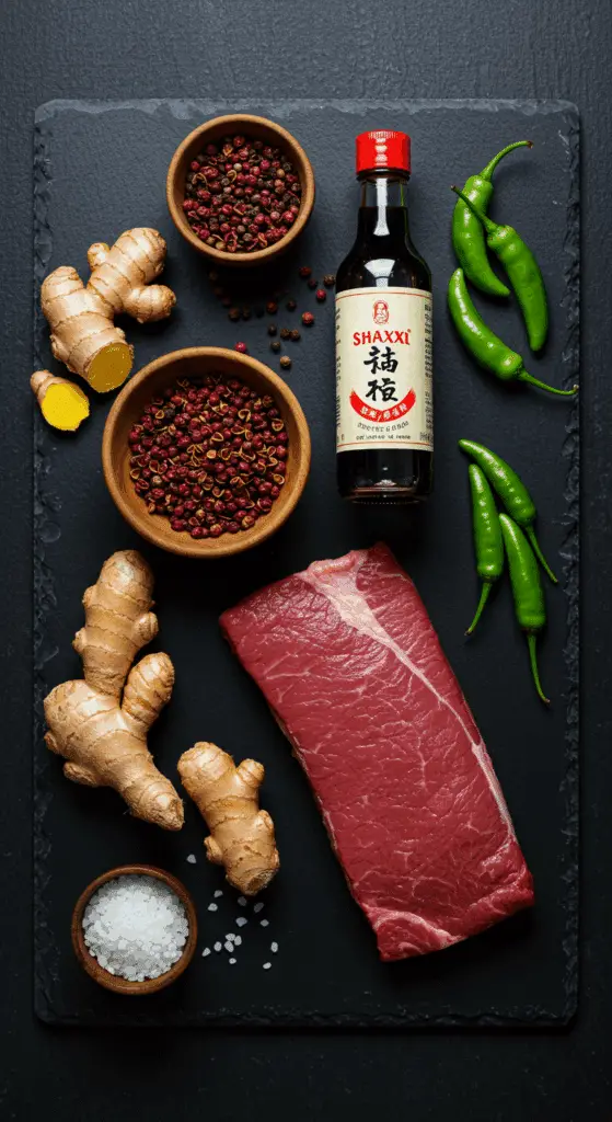 The fresh, from-scratch ingredients for the classic, authentic Szechuan Beef and Blistered Shishito Peppers recipe.