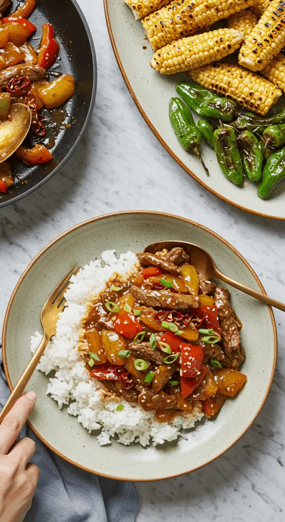 A beautiful plate of homemade Szechuan Beef served over a bed of fluffy white rice with a side of blistered corn and shishito peppers.