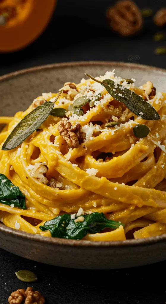 A beautiful, rustic bowl of homemade, creamy Pumpkin Pasta, with a luscious, vibrant orange pumpkin sauce and garnished with crispy sage and walnuts.