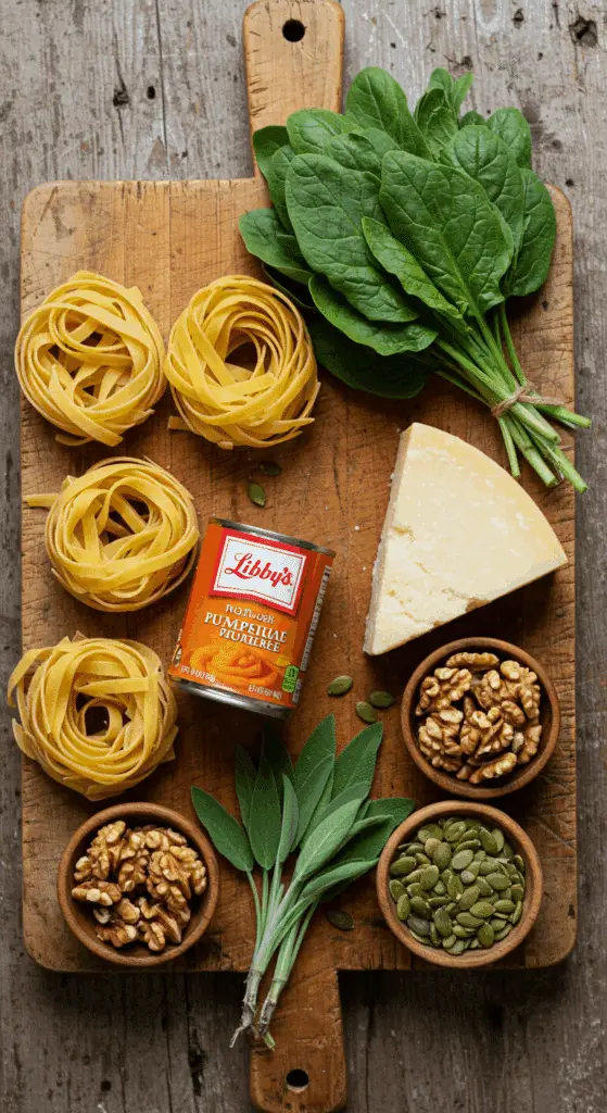 The simple, from-scratch ingredients for the classic and creamy Pumpkin Pasta with a savory cream sauce.