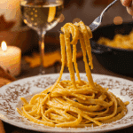 An elegant plate of homemade, creamy Pumpkin Pasta being enjoyed for a sophisticated and cozy, candlelit fall dinner.