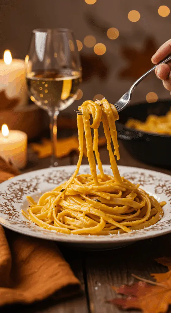 An elegant plate of homemade, creamy Pumpkin Pasta being enjoyed for a sophisticated and cozy, candlelit fall dinner.
