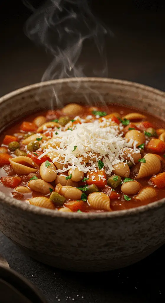 A beautiful, rustic bowl of homemade, hearty, and classic Minestrone Soup, packed with vegetables, beans, and pasta.