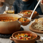 The finished pot of homemade, hearty Minestrone Soup being served at a cozy family dinner.