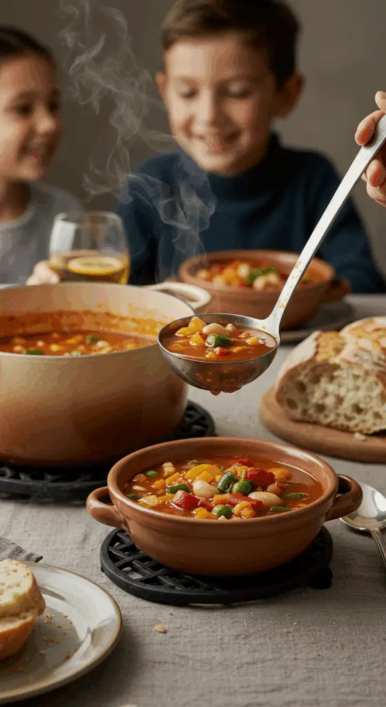 The finished pot of homemade, hearty Minestrone Soup being served at a cozy family dinner.