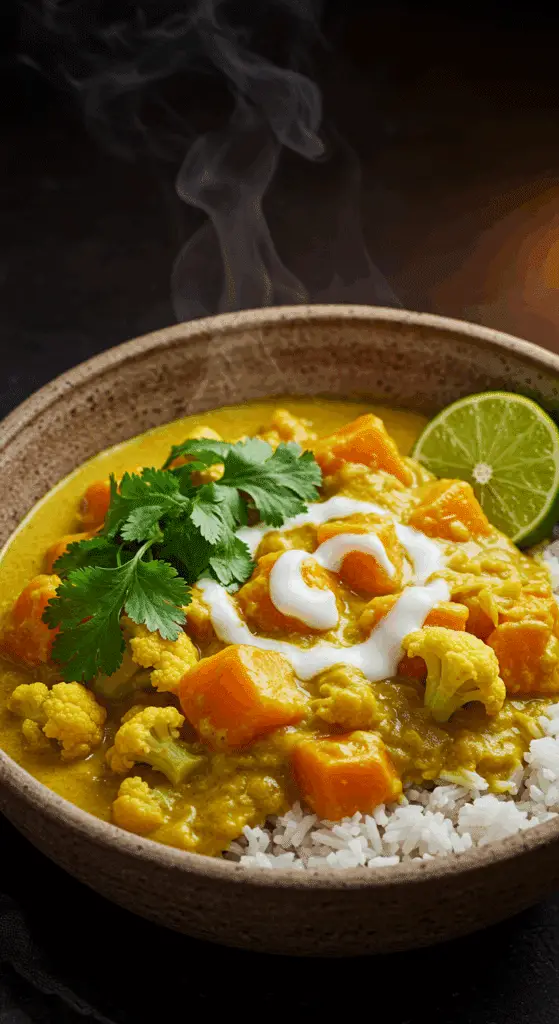 A beautiful, rustic bowl of homemade, creamy, and golden-yellow Vegetable Coconut Curry, served over rice and garnished with cilantro and a lime wedge.