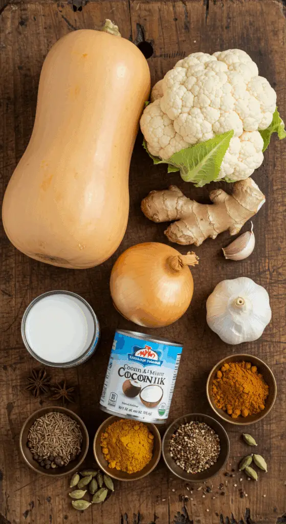 The fresh, from-scratch ingredients for the classic, easy, and authentic Vegetable Coconut Curry recipe.
