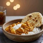 A cozy bowl of homemade, healthy Vegetable Coconut Curry served over a bed of basmati rice for a delicious dinner.