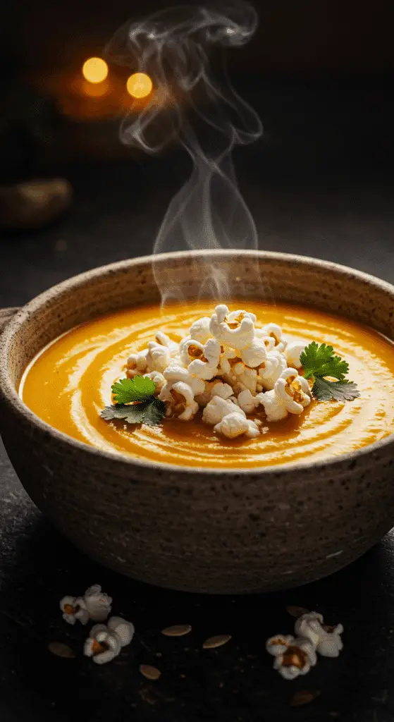 A beautiful, rustic bowl of homemade, creamy, and vibrant orange Pumpkin Soup, topped with a generous pile of fresh, crispy popcorn.