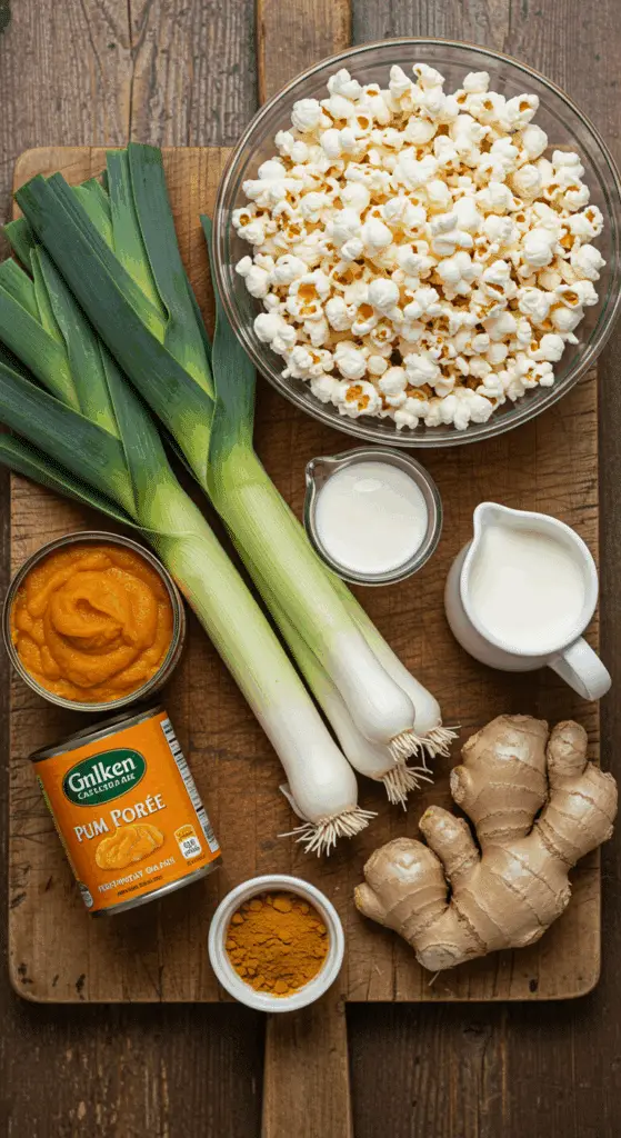 The fresh, from-scratch ingredients for the creamy and unique Pumpkin-Popcorn Soup recipe.