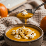 A cozy bowl of homemade, creamy Pumpkin-Popcorn Soup being served on a chilly fall day.