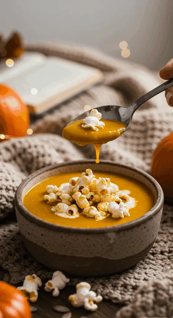 A cozy bowl of homemade, creamy Pumpkin-Popcorn Soup being served on a chilly fall day.
