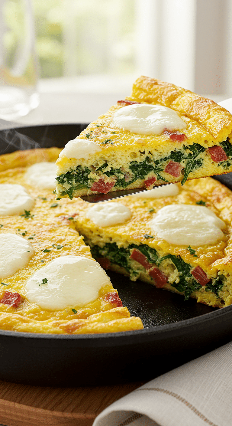A beautiful, rustic cast-iron skillet of homemade, fluffy Spinach Frittata, with a perfect, cheesy wedge being lifted out.