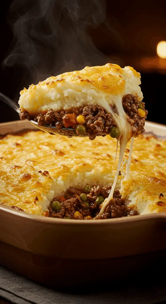 A beautiful, golden-brown homemade Shepherd's Pie in a casserole dish with a hearty, savory scoop removed to show the beef filling.