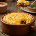 A cozy bowl of homemade, cheesy Shepherd's Pie being served for a family dinner.