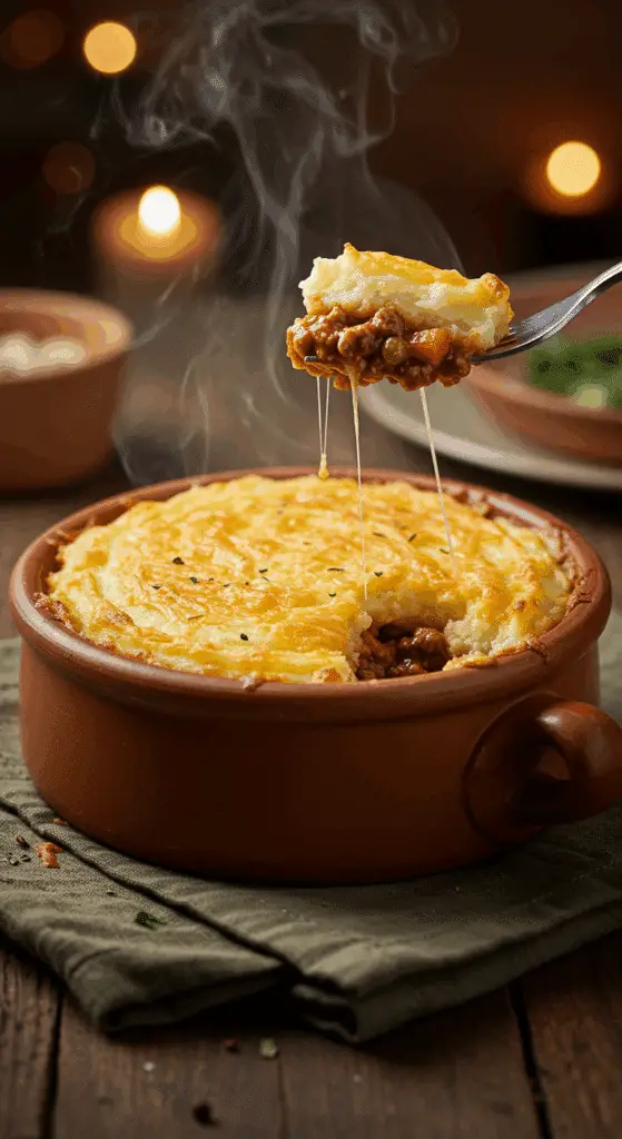 A cozy bowl of homemade, cheesy Shepherd's Pie being served for a family dinner.