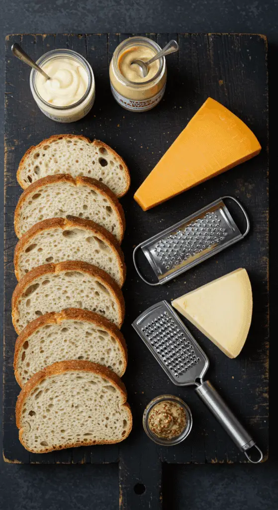 The simple, high-quality, from-scratch ingredients for the classic and gourmet Grilled Cheese recipe.