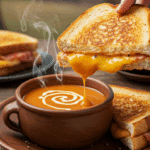 A beautiful, golden-brown, homemade Gourmet Grilled Cheese being dipped into a cozy bowl of creamy tomato soup.