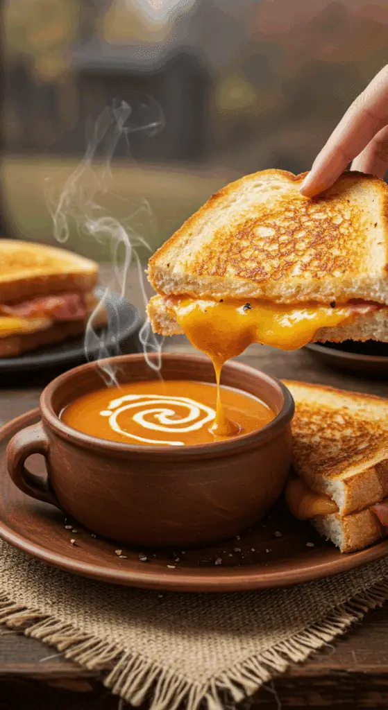 A beautiful, golden-brown, homemade Gourmet Grilled Cheese being dipped into a cozy bowl of creamy tomato soup.