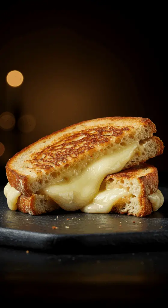 A beautiful, golden-brown, homemade, gourmet Grilled Cheese sandwich, cut in half and pulled apart to show an incredible, gooey, and dramatic cheese pull.
