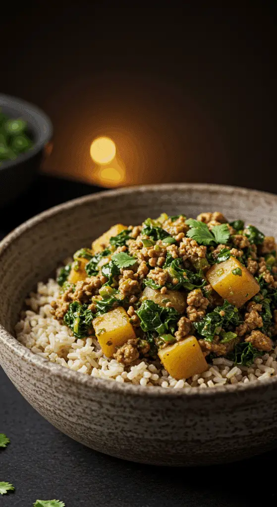 A beautiful, rustic bowl of homemade, healthy Turkey Kale Rice Bowl with a vibrant green cilantro sauce.