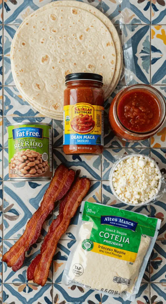 The simple, convenient, store-bought ingredients for the easy and quick Bean & Bacon Burrito recipe.