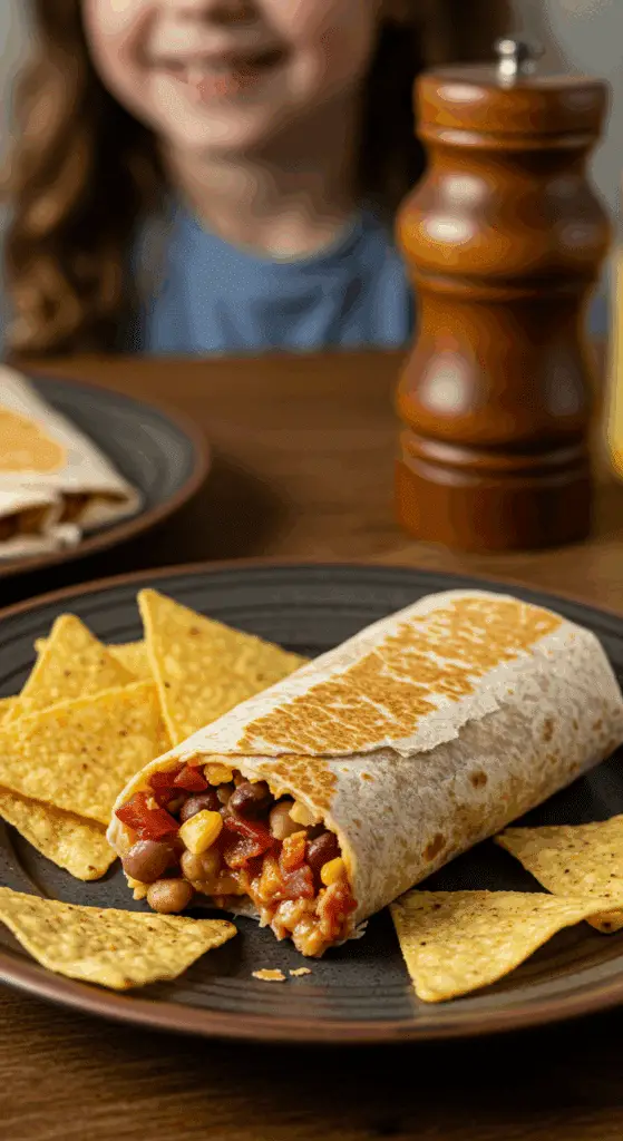 A finished, homemade Bean & Bacon Burrito on a plate being enjoyed at a fun and casual family dinner.