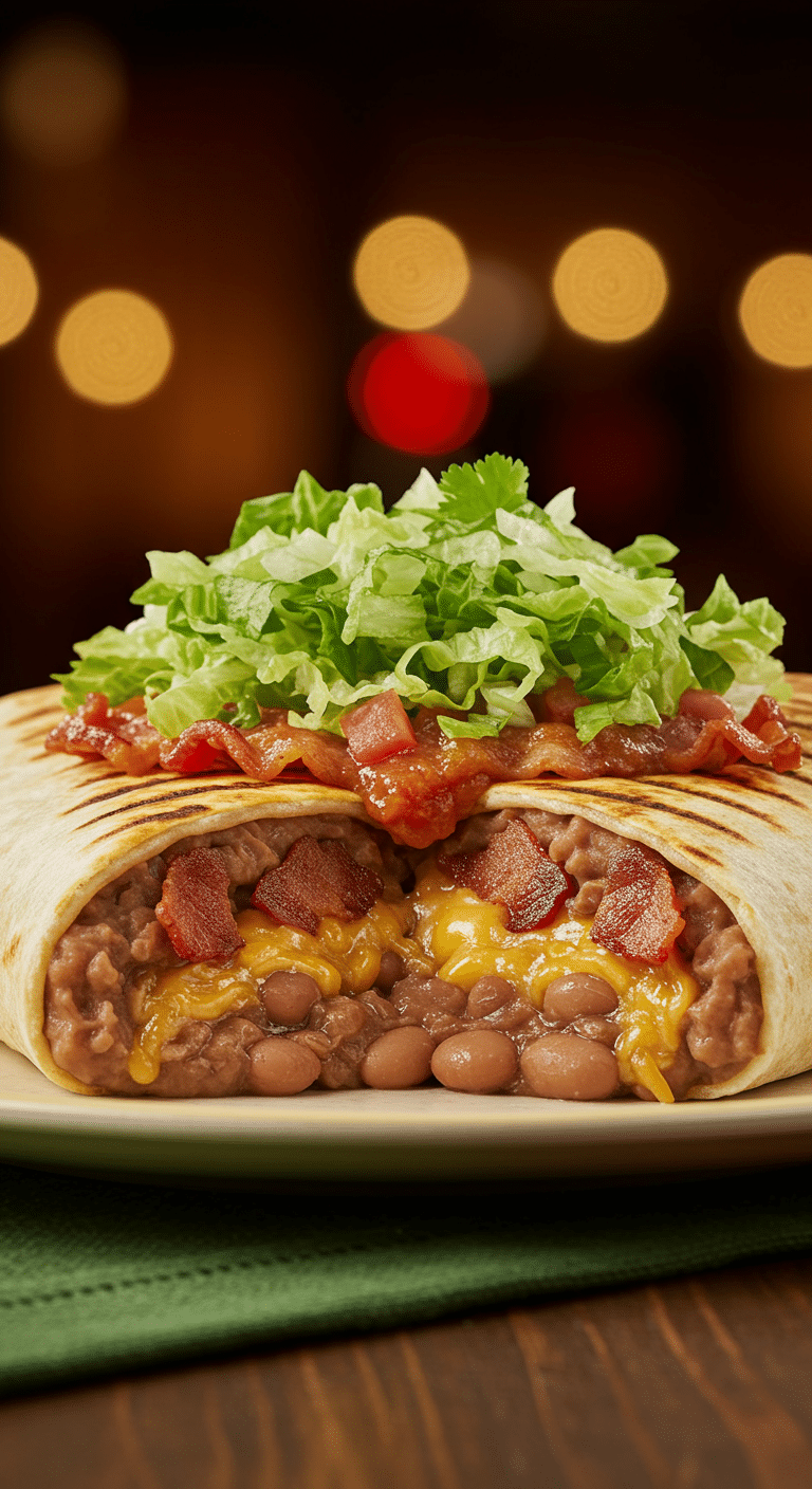 A beautiful, golden-brown, homemade Bean & Bacon Griddle Burrito, cut in half to show the creamy, cheesy, and bacon-filled interior.