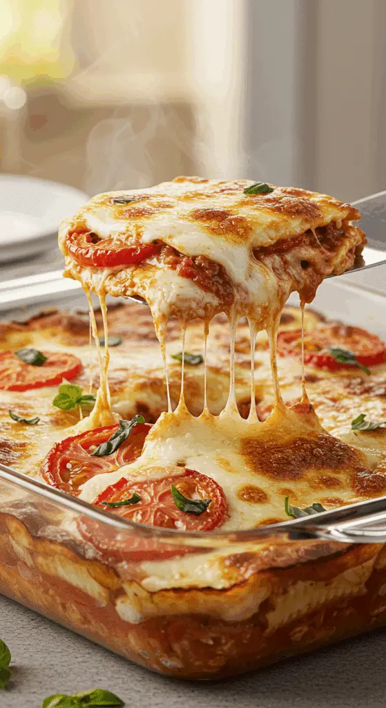 A beautiful, golden-brown homemade Lasagna Caprese in a baking dish with a cheesy, layered scoop removed.