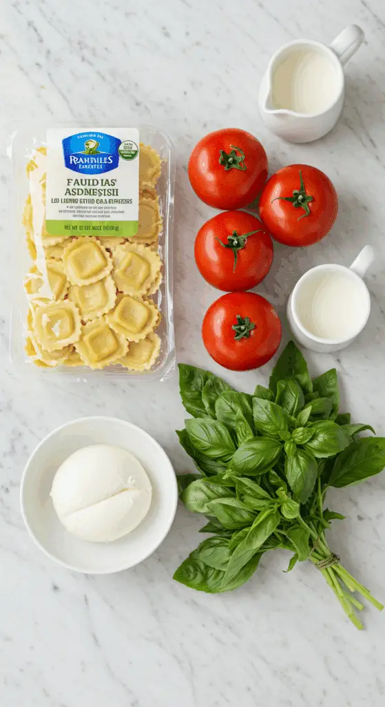 The 5 simple, fresh ingredients for the easy and cheesy Lasagna Caprese recipe.