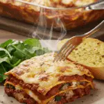 A cozy plate of homemade, cheesy and creamy Lasagna Caprese being served for a family dinner.