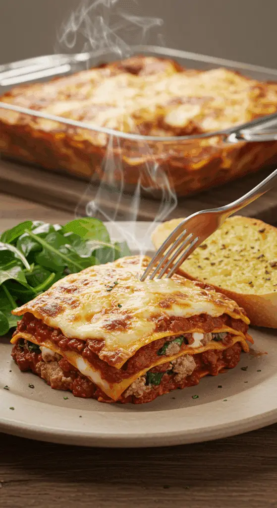 A cozy plate of homemade, cheesy and creamy Lasagna Caprese being served for a family dinner.