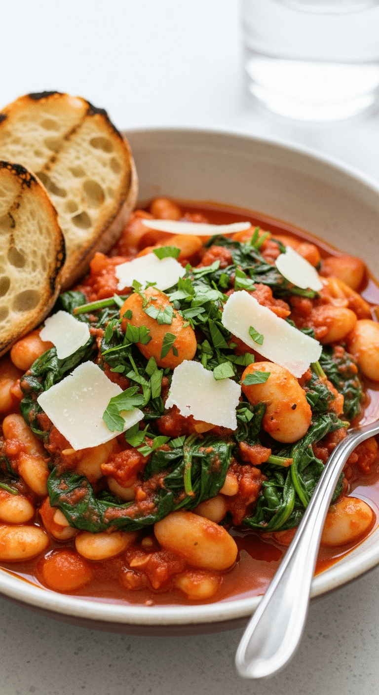 A beautiful, rustic bowl of homemade, healthy Tomato Garlic Butter Beans with spinach, garnished with shaved Parmesan.