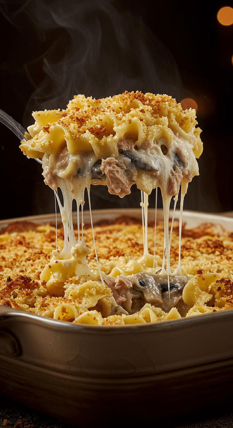 A beautiful, golden-brown homemade Tuna Noodle Casserole in a baking dish with a creamy, chunky scoop being lifted out.