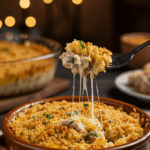 A cozy bowl of homemade, crispy and creamy Tuna Noodle Casserole being served for a family dinner.