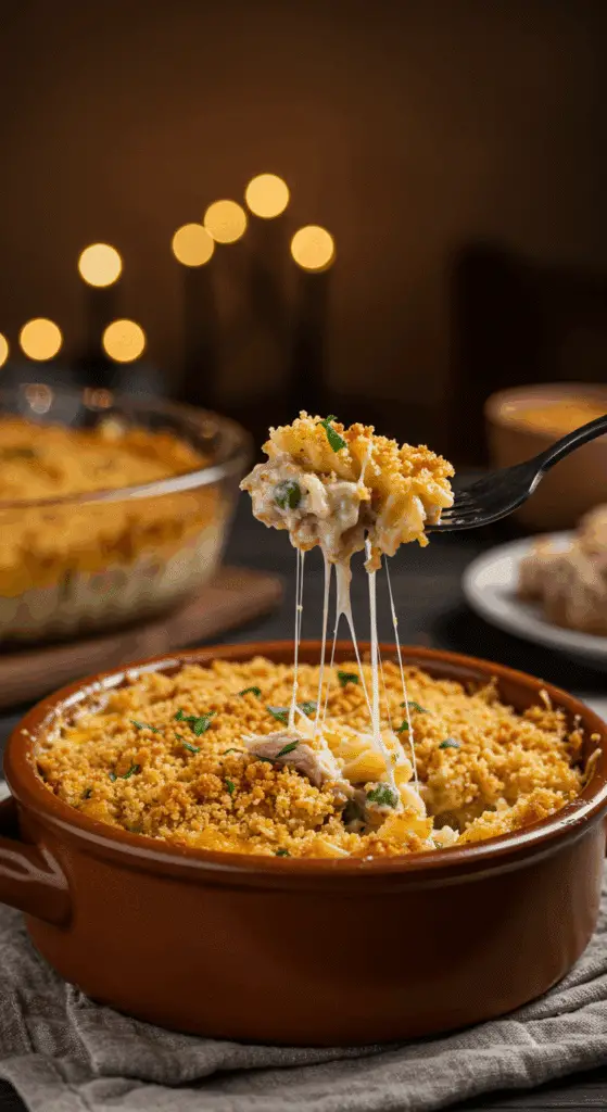 A cozy bowl of homemade, crispy and creamy Tuna Noodle Casserole being served for a family dinner.