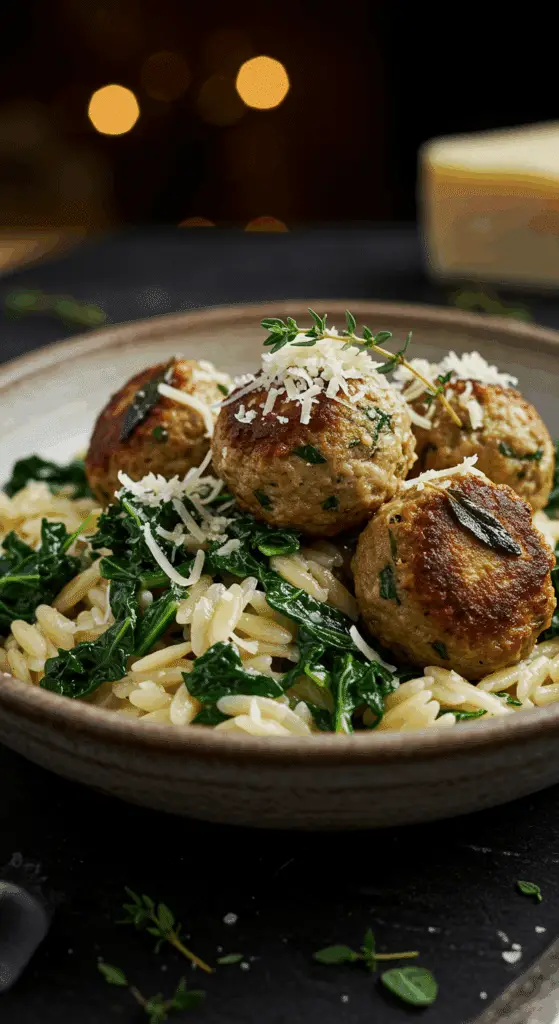 A beautiful, rustic bowl of homemade, cozy Turkey Sage Meatballs, served over a bed of creamy kale orzo and garnished with fresh Parmesan.